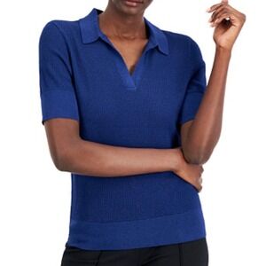 Alfani Womens Navy Blue Short Sleeve Polo Sweater V-Neck Knit Top Large A-662